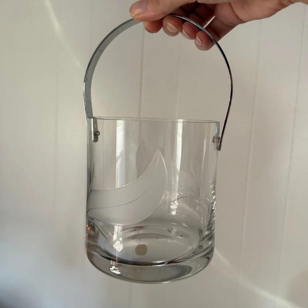 Made in Portugal Etched Glass Ice Bucket Air Bubbles Leaf Barware Vintage 5in